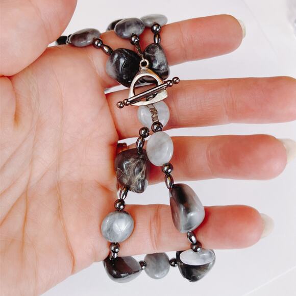 VTG Agate Hematite Necklace Y2K Polished Stone Chunky Beaded Toggle Clasp - Picture 6 of 10